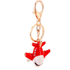 Creative A380 airplane keychain with red and white enamel finish and small rhinestones