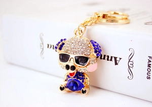Detailed macro view of gold pig keychain with rhinestones and sunglasses on a book