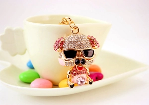 Macro shot of rhinestone piggy keychain with black sunglasses and pink gem details