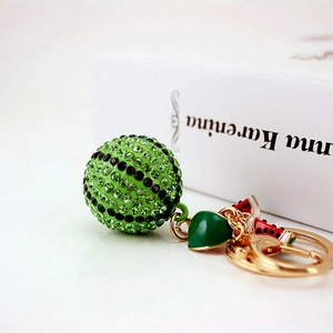 Sparkling rhinestone watermelon keychain with green crystal ball and gold-tone lobster clasp