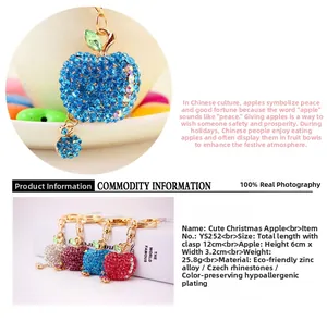 Detailed view of rhinestone apple keychain charm in multiple colors with size specs
