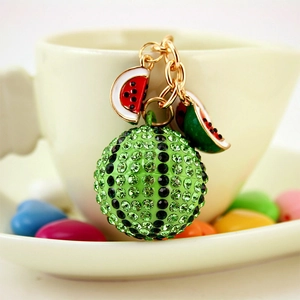 Sparkling watermelon keychain with green rhinestones and gold lobster clasp for bags