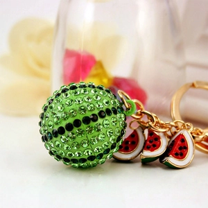 Sparkling watermelon rhinestone keychain with green sphere and dripping oil charms