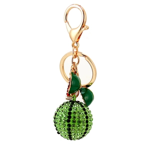 Sparkling watermelon rhinestone keychain with green crystals and gold-plated lobster clasp