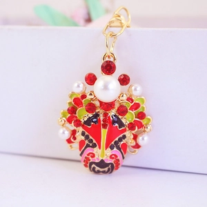 Exquisite Chinese Peking Opera mask keychain in gold alloy with enamel and rhinestones