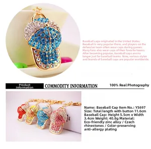 Detailed view of rhinestone baseball cap keychain in multiple colors with alloy hardware