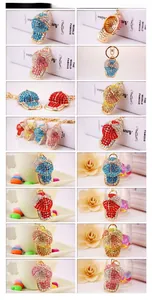 Detailed views of sparkling rhinestone baseball cap keychains in various vibrant colors