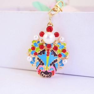 Colorful Beijing Opera mask keychain with enamel finish, rhinestones and white pearls