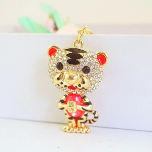 Porte-clés tigre en strass brillant et alliage doré avec design festif du zodiaque