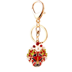 Exquisite Peking Opera mask keychain with colorful enamel and white faux pearl details