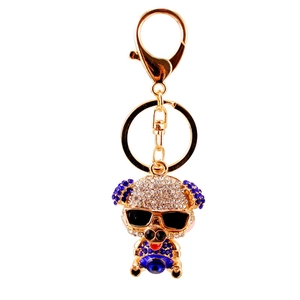 Sparkling rhinestone pig keychain with sunglasses and golden alloy metal swivel hook