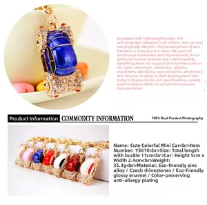 Detail of colorful mini car keychains made of zinc alloy with sparkling Czech rhinestones