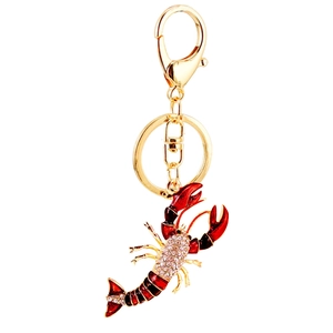 Porte-clés homard créatif en strass rouges avec pendentif en métal doré et mousqueton