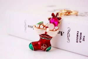 Detailed macro shot of a rhinestone Christmas stocking keychain with pink gems and pearls