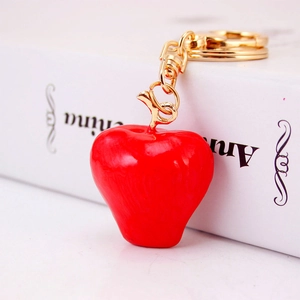 Creative red apple car keychain with polished glossy finish and golden metal chain link