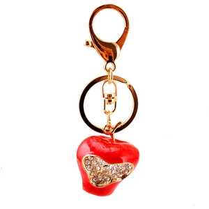 Cute red enamel apple keychain with heart-shaped rhinestones on polished gold plating