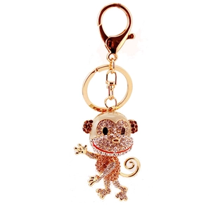 Creative monkey keychain with champagne crystals and lobster clasp on rose gold metal