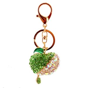 Sparkling apple keychain with green rhinestones and gold alloy for handbag charms