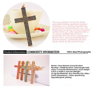 Detailed view of colorful rhinestone cross keychain with zinc alloy and Czech crystals