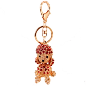 Charming red rhinestone poodle keychain with golden metal finish and secure lobster clasp