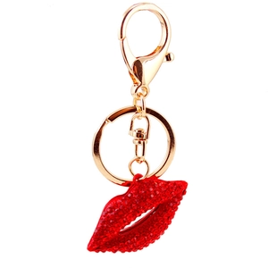 Sexy red lips keychain with rhinestones and gold lobster clasp for women
