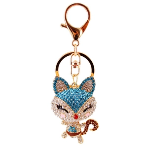 Cute cartoon fox keychain with sparkling crystals and golden lobster clasp for bags