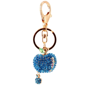 Blue crystal apple keychain with gold metal ring and sparkling rhinestone pendant