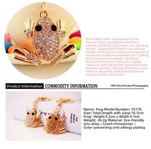 Macro shot of gold frog keychain with white rhinestones and black gemstone eyes