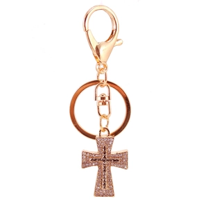Golden cross keychain with sparkling white rhinestones and large metal ring for bags