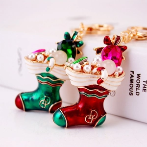 Festive Christmas Stocking Keychain With Sparkling Rhinestone Enamel Alloy Faux Artificial Pearl Bag Charm Holiday Gift For Women