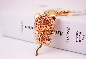 Macro detail of golden leopard keychain with heart-shaped cutouts and sparkling rhinestones