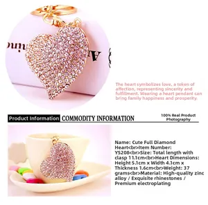 Detailed size chart of pink rhinestone heart keychain with zinc alloy gold ring
