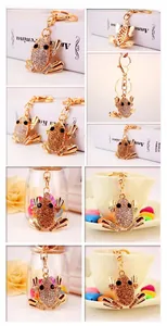 Detailed views of gold frog keychain with sparkling rhinestones and lobster clasp