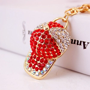 Sparkling rhinestone baseball cap keychain in red and white alloy for handbags