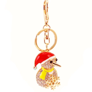 Porte-clés oiseau de Noël en strass avec bonnet rouge et pendentif flocon de neige doré