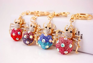Detail of colorful rhinestone spider keychains with gold-tone alloy base and lobster clasp