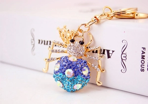 Detailed close-up of sparkling rhinestone spider keychain with colorful gradient stones