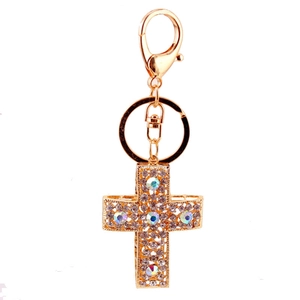 Porte-clés croix doré scintillant avec cristaux colorés et fermoir mousqueton robuste
