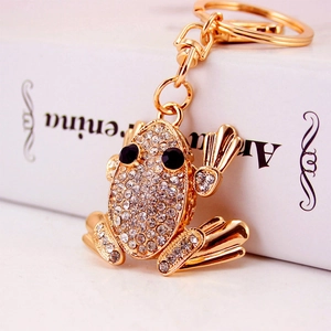 Cute golden metal frog keychain with sparkling rhinestones for handbags and car keys