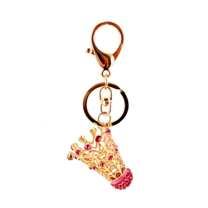 Porte-clés couronne dorée avec strass roses et fermoir mousqueton pour sac à main