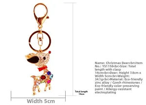 Detailed view of colorful rhinestone deer keychain showing 14cm length and zinc alloy build