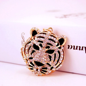 Porte-clés Tête de Tigre Animal du Zodiaque en Strass pour Hommes Femmes Alliage d'Or Incrusté de Cristaux Pendentif de Sac