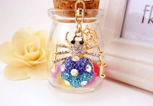 Close-up of rhinestone spider keychain with colorful crystals and gold lobster clasp details