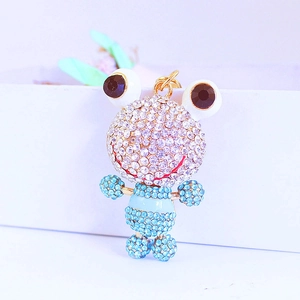Porte-clés grenouille en strass blancs et bleus avec attache en métal pour sac à main