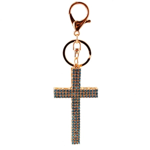 Sparkling blue rhinestone cross keychain with golden alloy ring for women's handbag