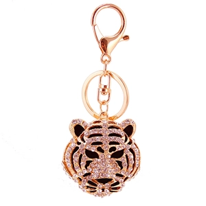 Porte-clés tête de tigre étincelant avec cristaux blancs et placage en or brillant
