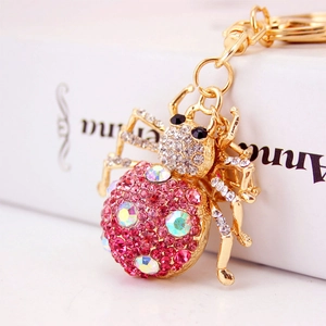 Colorful rhinestone spider keychain with pink crystals and gold-plated alloy ring