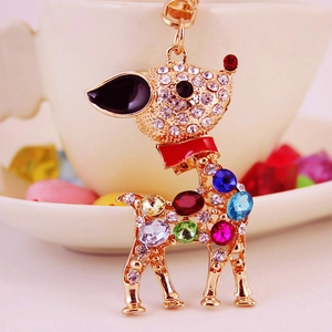 Colorful crystal pavé reindeer keychain with gold-plated alloy and multi-colored gemstones