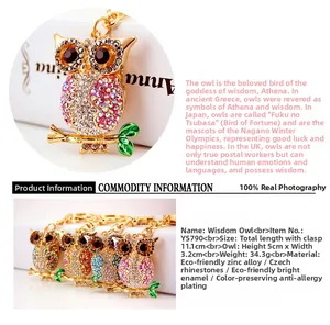Detailed size view of rhinestone owl keychain measuring 11.1cm total length in zinc alloy