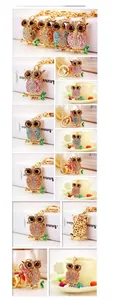 Detailed views of colorful rhinestone owl keychains with golden metal lobster clasps